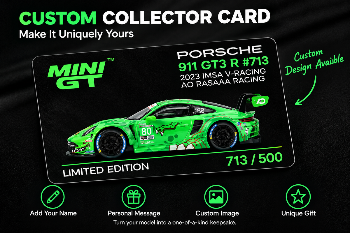 MINI GT #713 Porsche 911 GT3 R #80 Signature Gift Set | 1:64 Diecast Model, Acrylic Display Case & Custom Collector Card