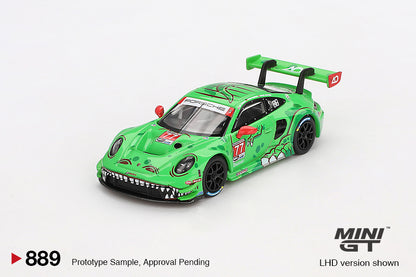 MINI GT #889 Porsche 911 GT3 R #77 Signature Gift Set | 1:64 Diecast Model, Acrylic Display Case Version 2 & Custom Collector Card