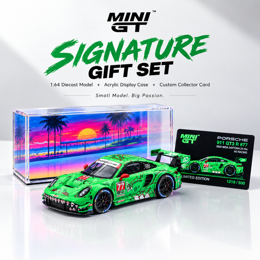 MINI GT #1218 Porsche 911 GT3 R #77 Signature Gift Set | 1:64 Diecast Model, Acrylic Display Case Version 2 & Custom Collector Card