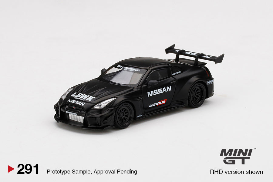MINI GT #291 NISSAN 35GT-RR Ver.2 Matt Black LBWK Signature Gift Set | 1:64 Diecast Model, Acrylic Display Case Version 4 & Custom Collector Card