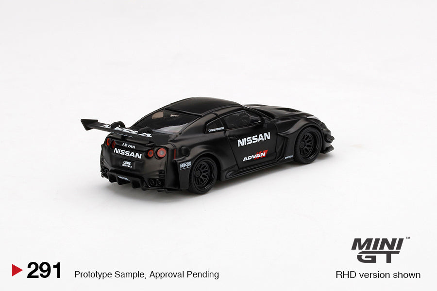 MINI GT #291 NISSAN 35GT-RR Ver.2 Matt Black LBWK Signature Gift Set | 1:64 Diecast Model, Acrylic Display Case Version 4 & Custom Collector Card