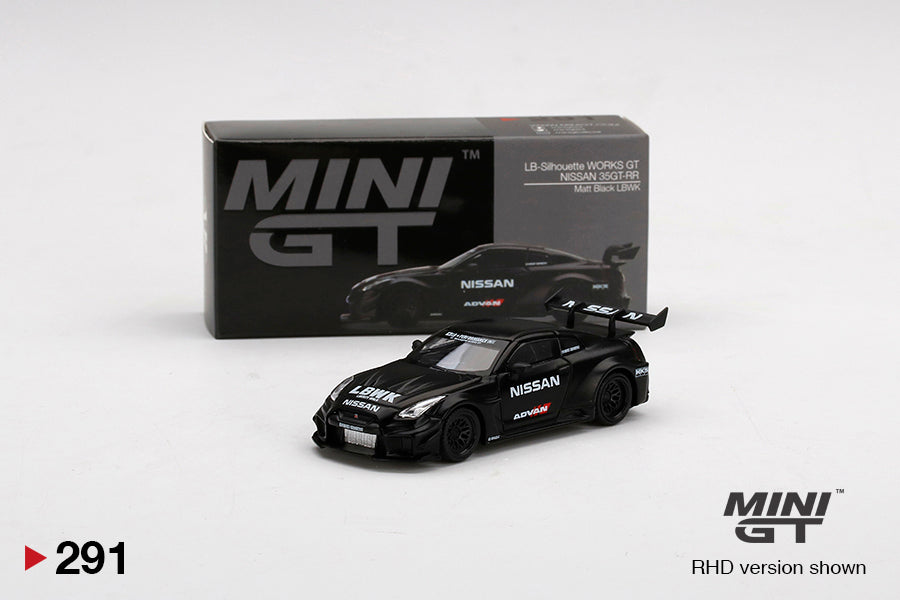 MINI GT #291 NISSAN 35GT-RR Ver.2 Matt Black LBWK Signature Gift Set | 1:64 Diecast Model, Acrylic Display Case Version 4 & Custom Collector Card