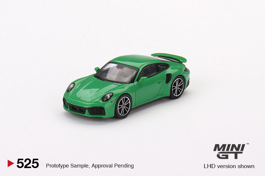 MINI GT #525 Porsche 911 Turbo S Python Green Signature Gift Set | 1:64 Diecast Model, Acrylic Display Case Version 2 & Custom Collector Card
