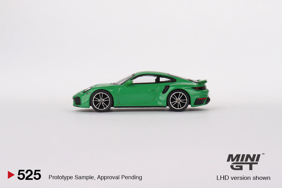 MINI GT #525 Porsche 911 Turbo S Python Green Signature Gift Set | 1:64 Diecast Model, Acrylic Display Case Version 2 & Custom Collector Card
