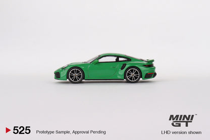MINI GT #525 Porsche 911 Turbo S Python Green Signature Gift Set | 1:64 Diecast Model, Acrylic Display Case Version 2 & Custom Collector Card