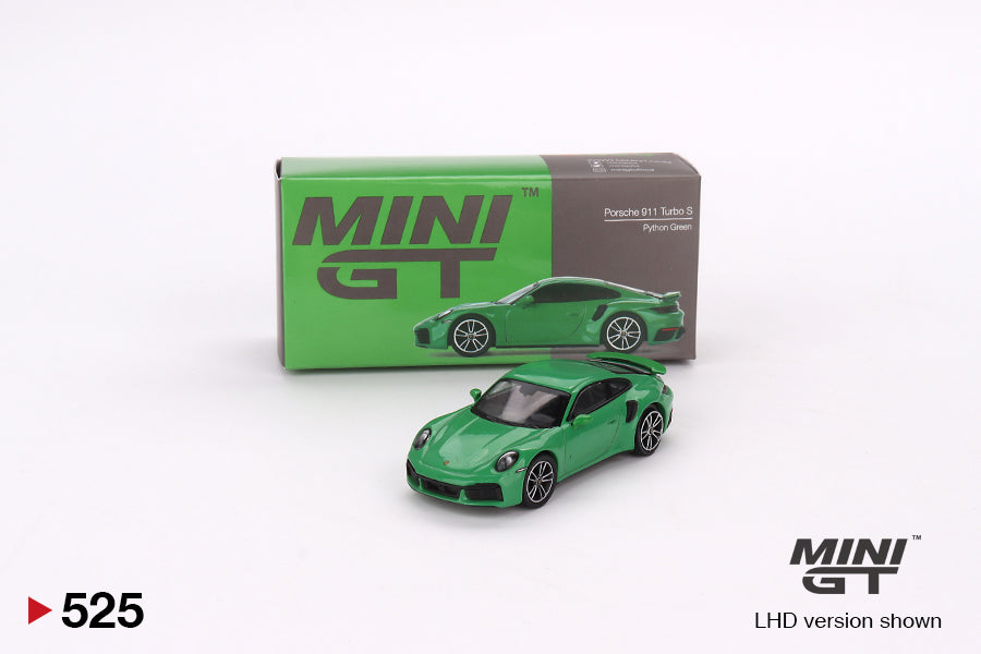 MINI GT #525 Porsche 911 Turbo S Python Green Signature Gift Set | 1:64 Diecast Model, Acrylic Display Case Version 2 & Custom Collector Card