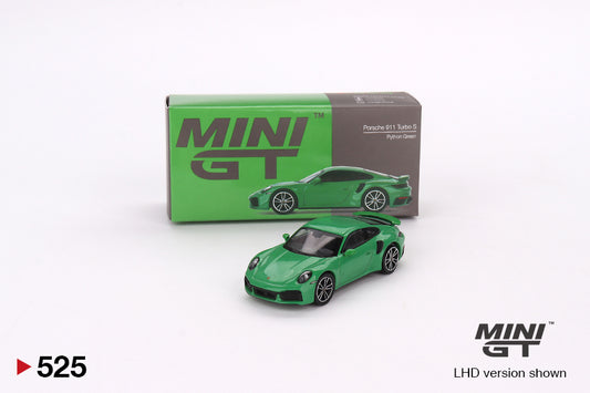 MINI GT #525 Porsche 911 Turbo S Python Green Signature Gift Set | 1:64 Diecast Model, Acrylic Display Case Version 2 & Custom Collector Card
