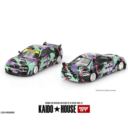 MINIGT KAIDO 1/64 Nissan Skyline GT-R R33 HKS V1 Modelo de coche fundido a presión