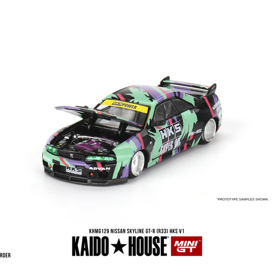 MINIGT KAIDO 1/64 Nissan Skyline GT-R R33 HKS V1 Modelo de coche fundido a presión