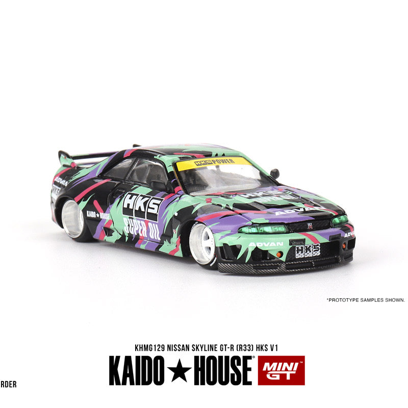 MINIGT KAIDO 1/64 Nissan Skyline GT-R R33 HKS V1 Modelo de coche fundido a presión