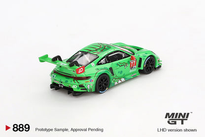 MINI GT #889 Porsche 911 GT3 R #77 Signature Gift Set | 1:64 Diecast Model, Acrylic Display Case Version 2 & Custom Collector Card