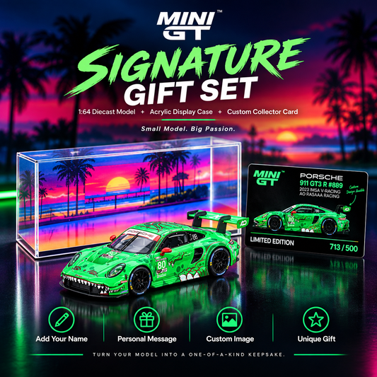 MINI GT #713 Porsche 911 GT3 R #80 Signature Gift Set | 1:64 Diecast Model, Acrylic Display Case Version 2 & Custom Collector Card