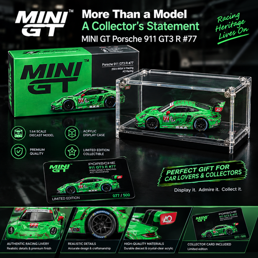 MINI GT #1218 Porsche 911 GT3 R #77 Signature Gift Set | 1:64 Diecast Model, Acrylic Display Case & Custom Collector Card