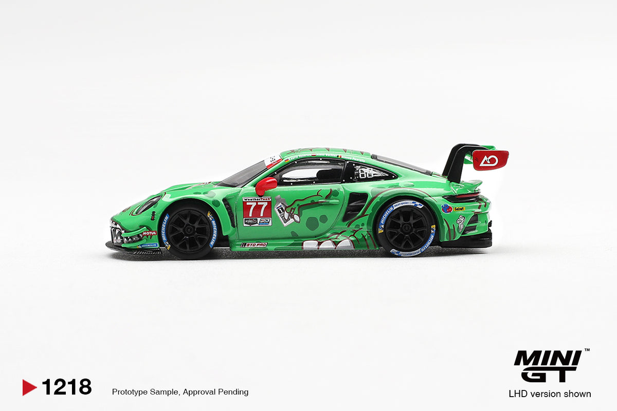 MINI GT #1218 Porsche 911 GT3 R #77 Signature Gift Set | 1:64 Diecast Model, Acrylic Display Case Version 2 & Custom Collector Card