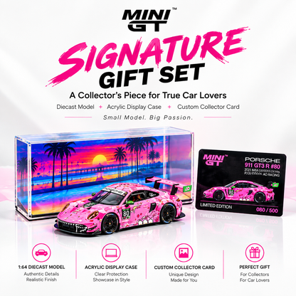 MINI GT #872 Porsche 911 GT3 R #80 Signature Gift Set | 1:64 Diecast Model + Acrylic Display Case Version 2+ Custom Collector Card