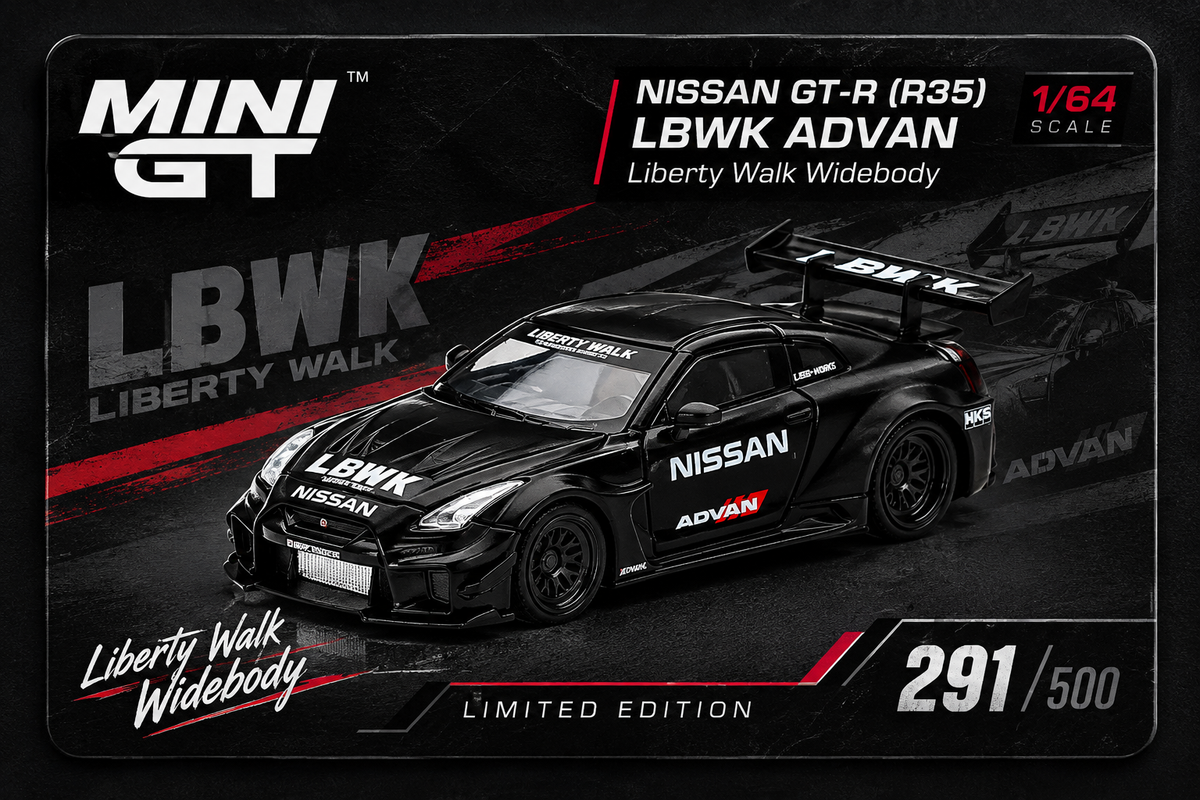 MINI GT #291 NISSAN 35GT-RR Ver.2 Matt Black LBWK Signature Gift Set | 1:64 Diecast Model, Acrylic Display Case Version 4 & Custom Collector Card