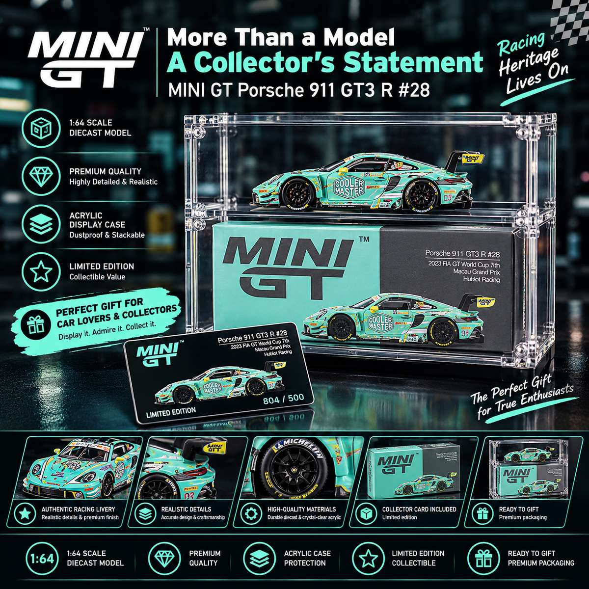 MINI GT #804 Porsche 911 GT3 R #28 Signature Gift Set – 1:64 Diecast Model, Acrylic Display Case & Custom Collector Card