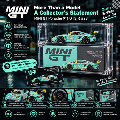 MINI GT #804 Porsche 911 GT3 R #28 Signature Gift Set – 1:64 Diecast Model, Acrylic Display Case & Custom Collector Card