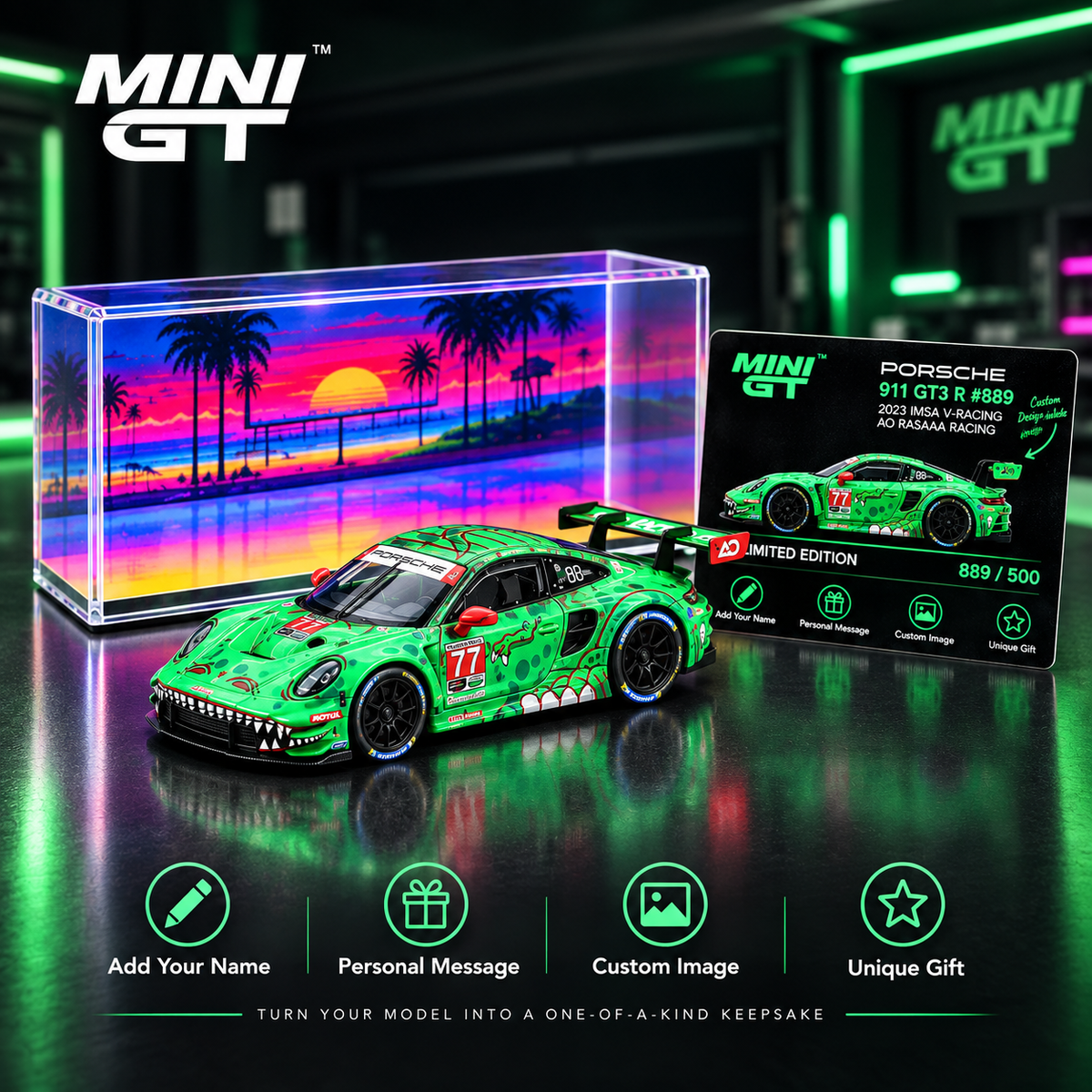 MINI GT #889 Porsche 911 GT3 R #77 Signature Gift Set | 1:64 Diecast Model, Acrylic Display Case Version 2 & Custom Collector Card