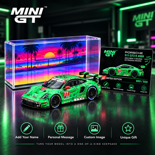 MINI GT #889 Porsche 911 GT3 R #77 Signature Gift Set | 1:64 Diecast Model, Acrylic Display Case Version 2 & Custom Collector Card