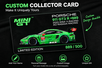 MINI GT #889 Porsche 911 GT3 R #77 Signature Gift Set | 1:64 Diecast Model, Acrylic Display Case Version 2 & Custom Collector Card