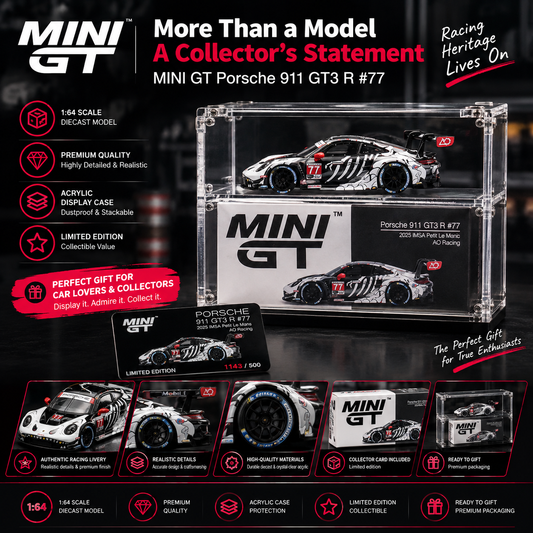 MINI GT #1143 Porsche 911 GT3 R #77 Signature Gift Set | 1:64 Diecast Model, Acrylic Display Case & Custom Collector Card