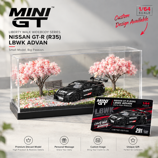 MINI GT #291 NISSAN 35GT-RR Ver.2 Matt Black LBWK Signature Gift Set | 1:64 Diecast Model, Acrylic Display Case Version 4 & Custom Collector Card