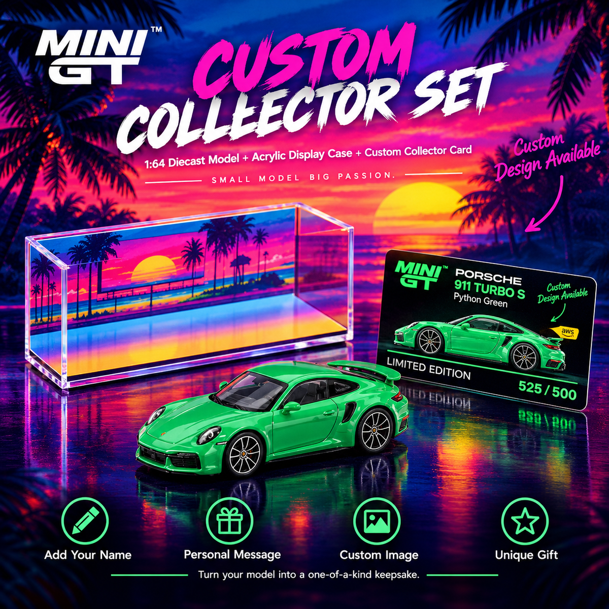MINI GT #525 Porsche 911 Turbo S Python Green Signature Gift Set | 1:64 Diecast Model, Acrylic Display Case Version 2 & Custom Collector Card