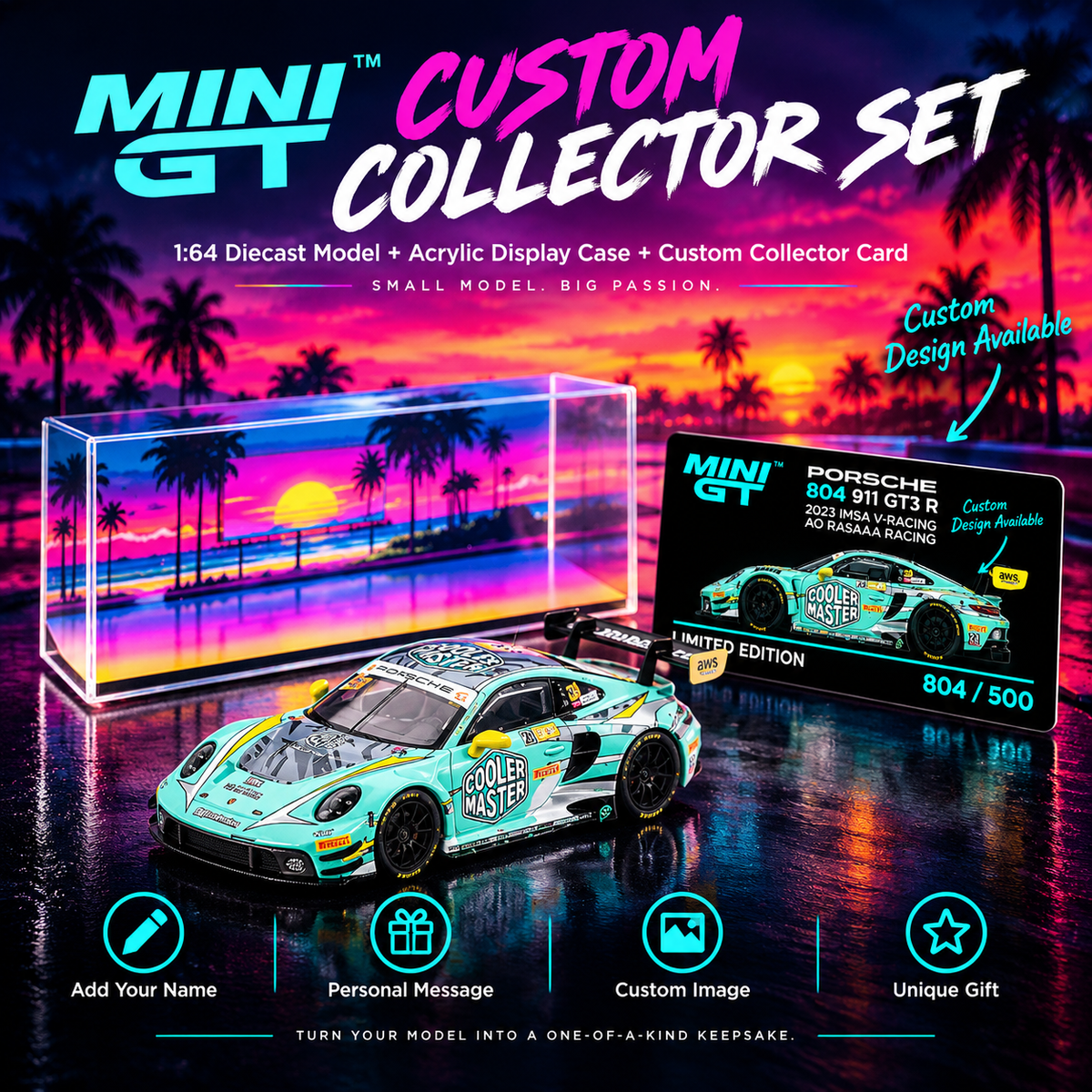 MINI GT #804 Porsche 911 GT3 R #28 Signature Gift Set – 1:64 Diecast Model, Acrylic Display Case Version 2 & Custom Collector Card