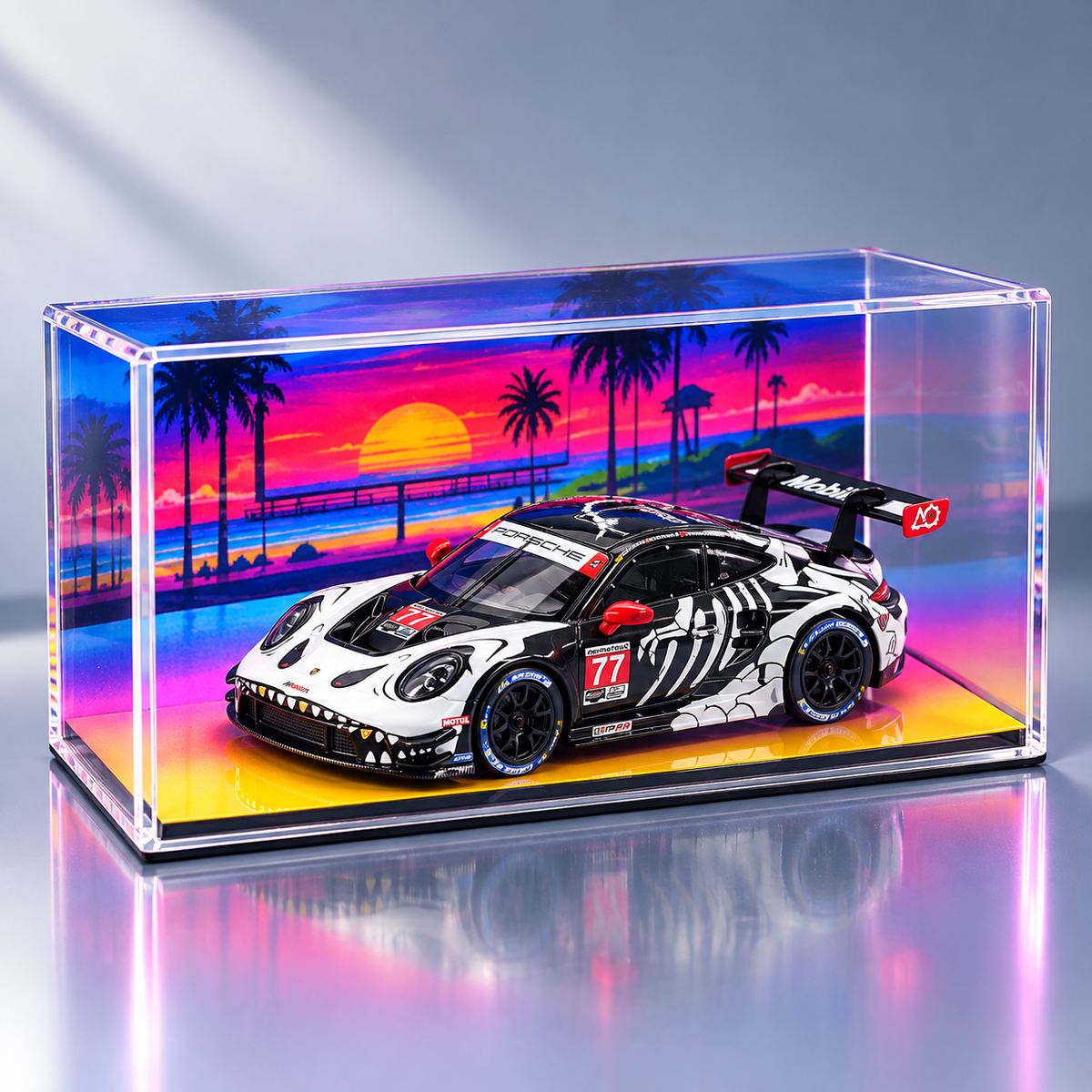 MINI GT #1143 Porsche 911 GT3 R #77 Signature Gift Set | 1:64 Diecast Model, Acrylic Display Case Version 2 & Custom Collector Card