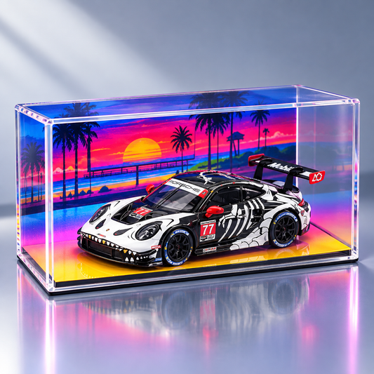 MINI GT #1143 Porsche 911 GT3 R #77 Signature Gift Set | 1:64 Diecast Model, Acrylic Display Case Version 2 & Custom Collector Card