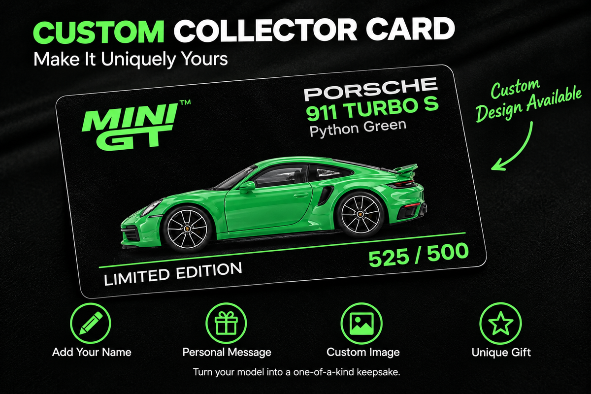 MINI GT #525 Porsche 911 Turbo S Python Green Signature Gift Set | 1:64 Diecast Model, Acrylic Display Case Version 2 & Custom Collector Card