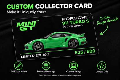 MINI GT #525 Porsche 911 Turbo S Python Green Signature Gift Set | 1:64 Diecast Model, Acrylic Display Case Version 2 & Custom Collector Card
