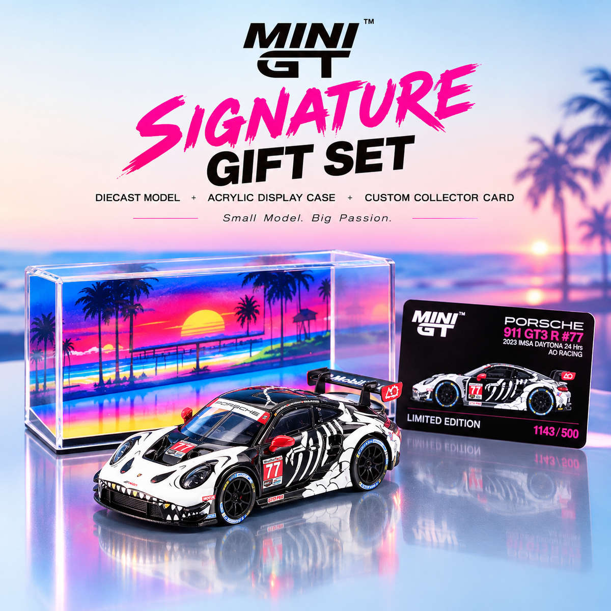 MINI GT #1143 Porsche 911 GT3 R #77 Signature Gift Set | 1:64 Diecast Model, Acrylic Display Case Version 2 & Custom Collector Card