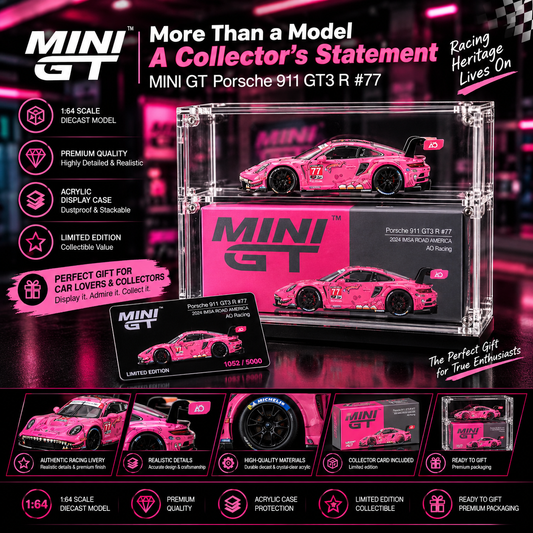 MINI GT #1052 Porsche 911 GT3 R #77 Signature Gift Set | 1:64 Diecast Model, Acrylic Display Case & Custom Collector Card
