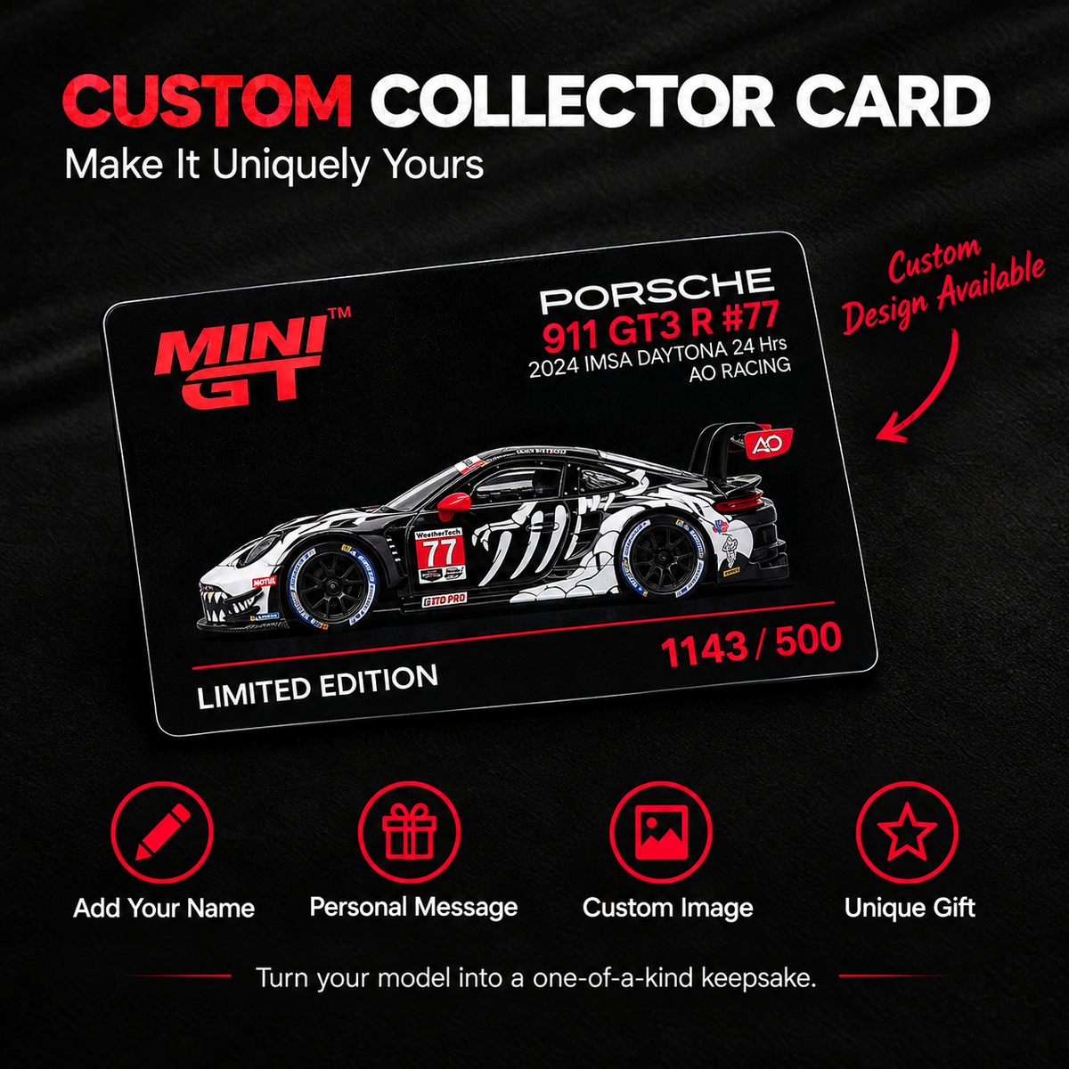 MINI GT #1143 Porsche 911 GT3 R #77 Signature Gift Set | 1:64 Diecast Model, Acrylic Display Case Version 2 & Custom Collector Card