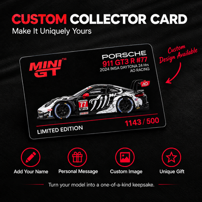 MINI GT #1143 Porsche 911 GT3 R #77 Signature Gift Set | 1:64 Diecast Model, Acrylic Display Case Version 2 & Custom Collector Card