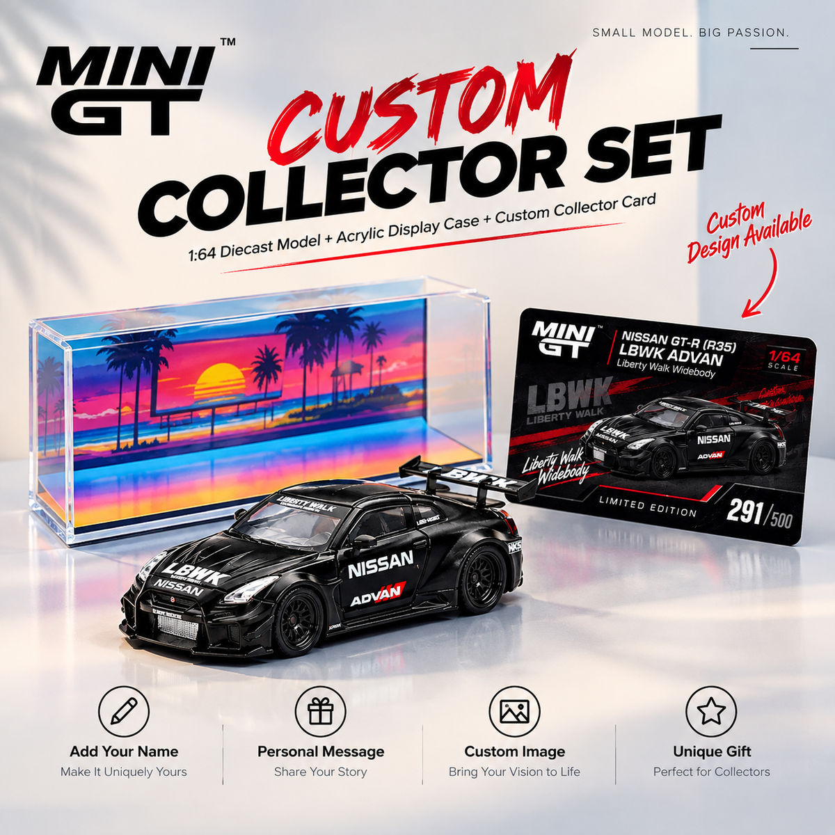 MINI GT #291 NISSAN 35GT-RR Ver.2 Matt Black LBWK Signature Gift Set | 1:64 Diecast Model, Acrylic Display Case Version 2 & Custom Collector Card