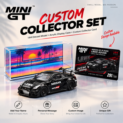 MINI GT #291 NISSAN 35GT-RR Ver.2 Matt Black LBWK Signature Gift Set | 1:64 Diecast Model, Acrylic Display Case Version 2 & Custom Collector Card
