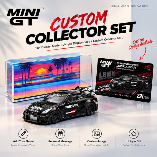 MINI GT #291 NISSAN 35GT-RR Ver.2 Matt Black LBWK Signature Gift Set | 1:64 Diecast Model, Acrylic Display Case Version 2 & Custom Collector Card