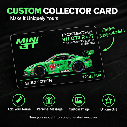 MINI GT #1218 Porsche 911 GT3 R #77 Signature Gift Set | 1:64 Diecast Model, Acrylic Display Case Version 2 & Custom Collector Card