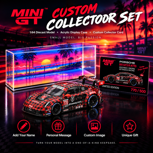 MINI GT #770 Porsche 911 GT3 R #9 Signature Gift Set | 1:64 Diecast Model, Acrylic Display Case Version 2 & Custom Collector Card