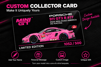 MINI GT #1052 Porsche 911 GT3 R #77 Signature Gift Set | 1:64 Diecast Model, Acrylic Display Case Version 2 & Custom Collector Card