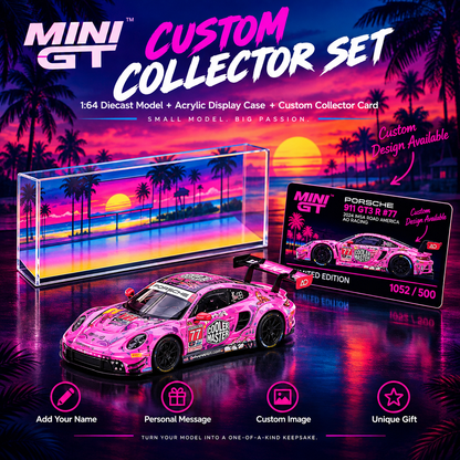 MINI GT #1052 Porsche 911 GT3 R #77 Signature Gift Set | 1:64 Diecast Model, Acrylic Display Case Version 2 & Custom Collector Card