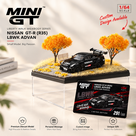 MINI GT #291 NISSAN 35GT-RR Ver.2 Matt Black LBWK Signature Gift Set | 1:64 Diecast Model, Acrylic Display Case Version 3 & Custom Collector Card